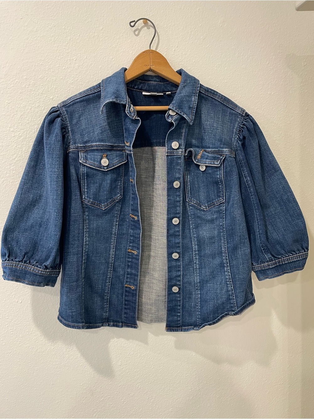 Chico's Mid-Wash Blue Denim Jacket with Puff Sleeves